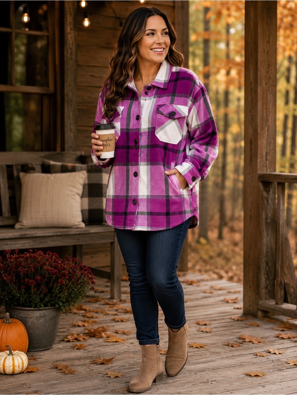 Zenana Pink Purple Plaid Shacket Jacket M Button Up Fall Cozy NWOT